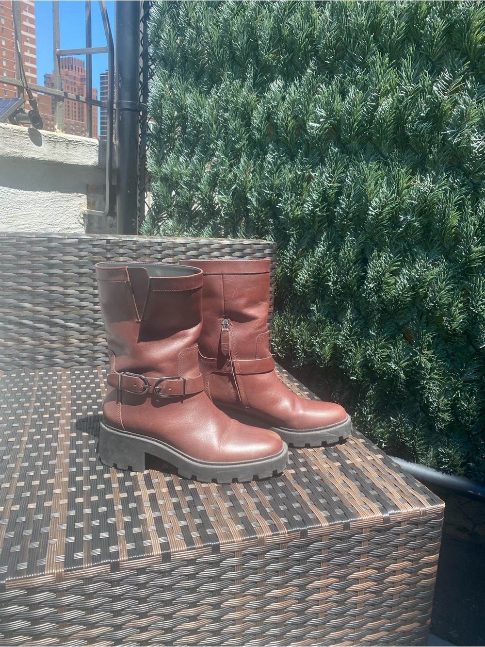 Franco Sarto Brown Leather Mid-Calf Buckle Combat Boots